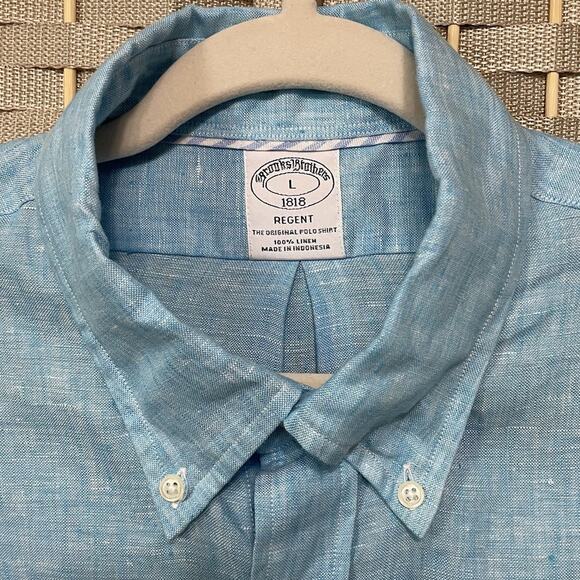 Brooks Brothers REGENT Linen Button Down Shirt Men’s L Blue Short Sleeve EUC - Picture 3 of 8
